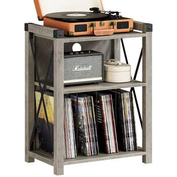 Whizmax Farmhouse Wooden Turntable Stand with X Metal Frame, 3-Tier Rustic Record Player Side Table for Living Room, Bedroom, Office