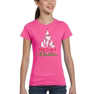 LA Pop Art Meowy Christmas Tree - Girl's Word Art T-Shirt - 1 of 4