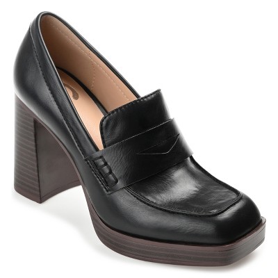 Journee Womens Ezzey Loafer Mid Stacked Heel Square Toe Pumps