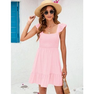 Coolmee Women Boho Casual Chest Smocked Square Neck Back Tie Elegant Tiered Ruffle Shoulder Mini Dress - 1 of 4