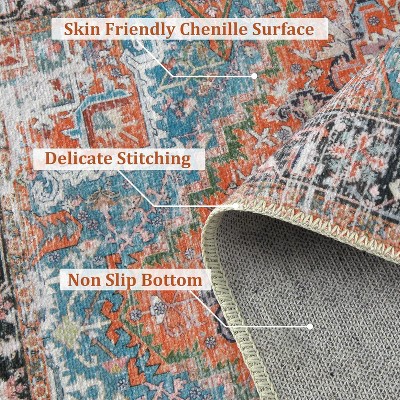 Modern Thin Rug Oriental Floral Carpet Design for Living Room Bedroom Dorm Kitchen Contemporary Decor - Non Slip, Machine Washable