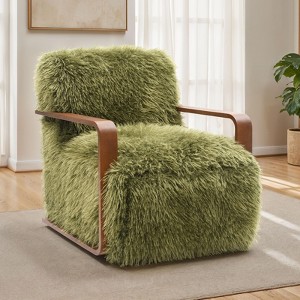 Sapphtopaz Modern Faux Fur Accent Chair with Curve Wooden Arms Upholstered Comfy Reading Chair Ultra Soft Armchair for Living Room, Bedroom - 1 of 4