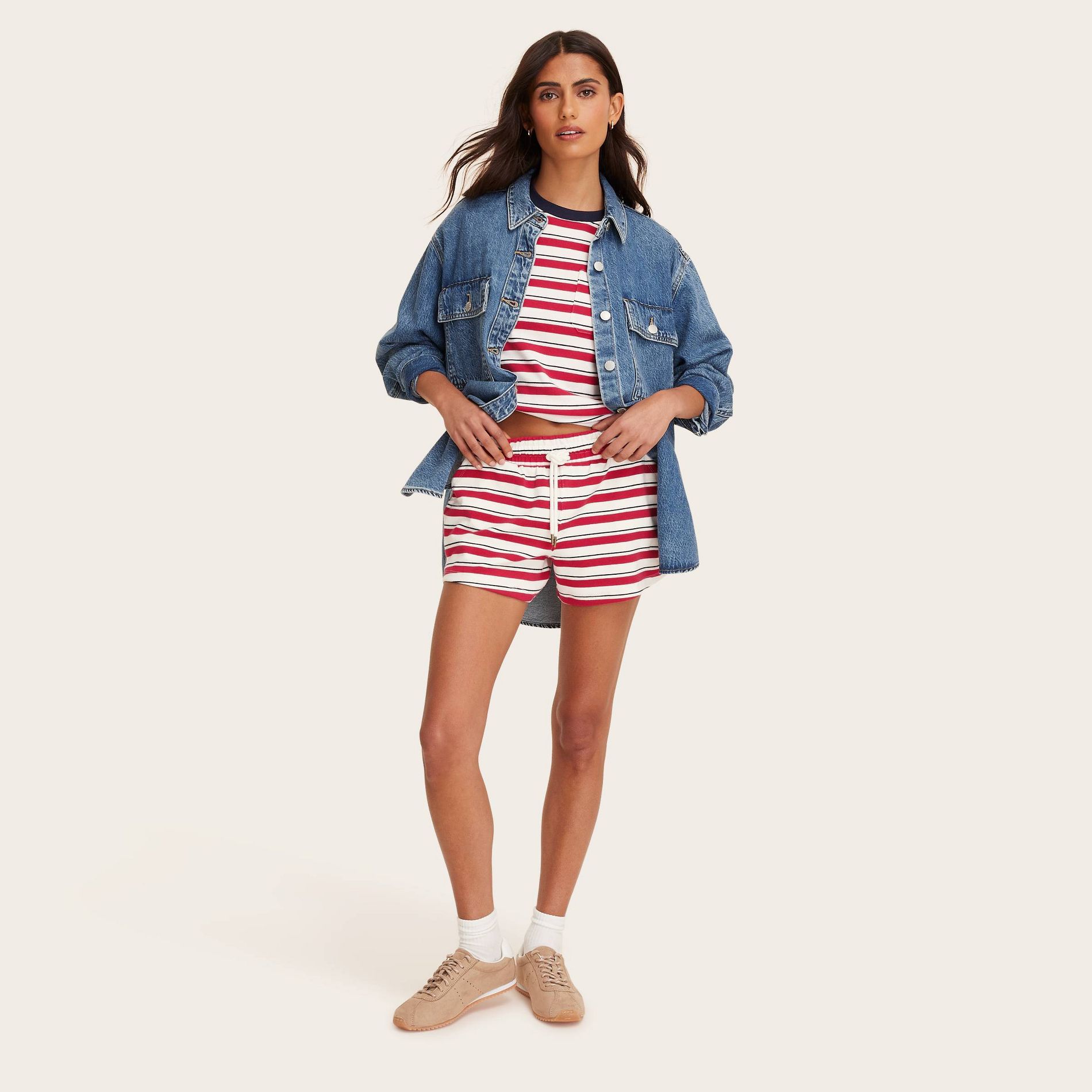 Women's High-Rise Drawstring Knit Pull-On Shorts - Parke x Target Red/Navy Striped