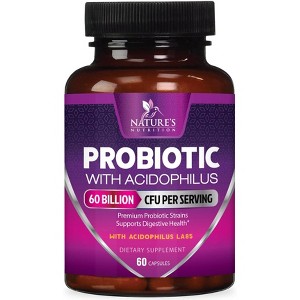 Probiotics 60 Billion CFU per Serving - 10 Strains + Prebiotics - Digestive Health, Gut & Immune Support - 60 Capsules By Nature's Nutrition - 1 of 4