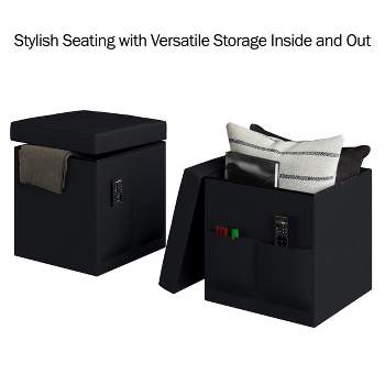 Lavish Home 15-Inch Foldable Multipurpose Storage Cube Ottoman with Pockets, Black, Pair