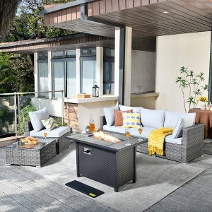 Venice 6pc Wicker Outdoor Patio Furniture Set Conversation Sofa with a Metal Fire Pit and Cushions - 1 of 4