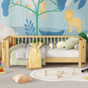 Aortzio Twin Size Solid Wooden Platform Bed,Floor Bed with Safety Rails - 1 of 4