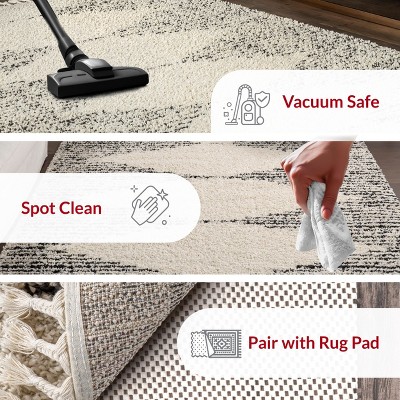 Off-White Synthetic Square Shag Rug with Braided Tassels