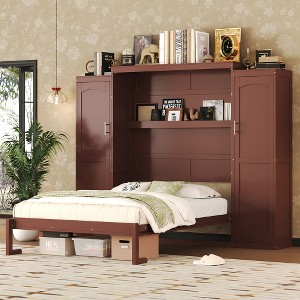 TiramisuBest Full Size Murphy Bed, Wooden Queen Wall Bed with 2 Wardrobe and Storage Shelf, Multifunctional Foldable Platform Bedframe - 1 of 4