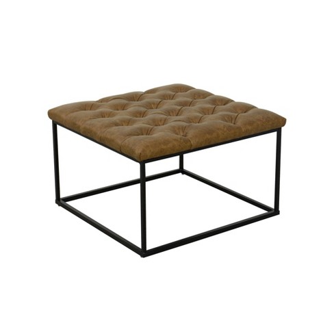 Square Metal Ottoman With Button Tufting Faux Leather Light Brown Homepop Target