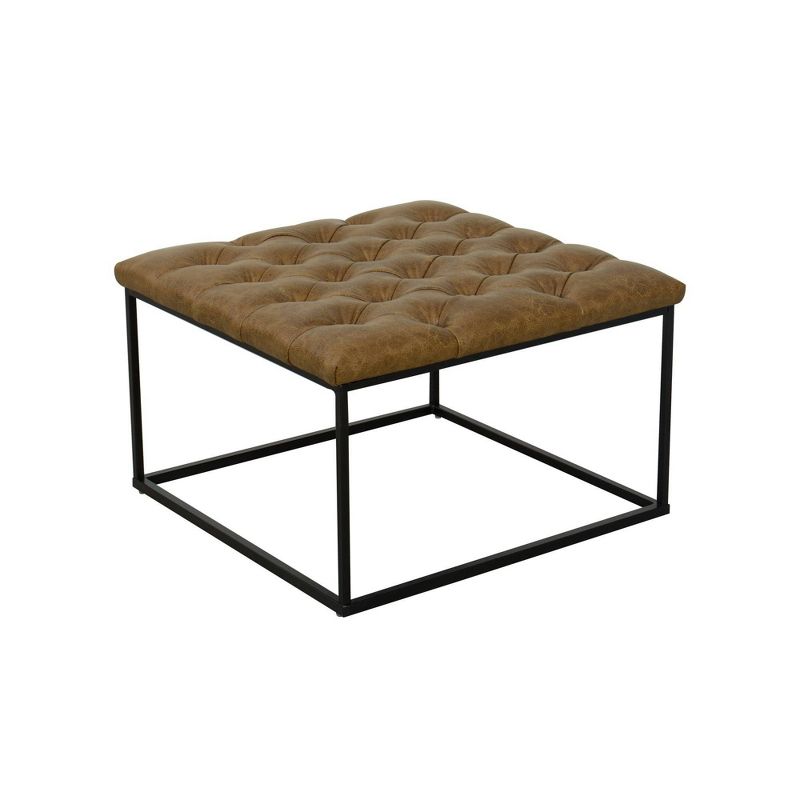 Square Metal Ottoman with Button Tufting Faux Leather Light Brown - HomePop, 1 of 9