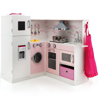 Infans Play Kitchen Wooden Toy Set w/Sound & Light, Ice Maker,Cookware,Apron for Age 3+