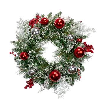Northlight Flocked Mixed Pine with Ornaments and Berries Artificial Christmas Wreath, 24-Inch, Unlit