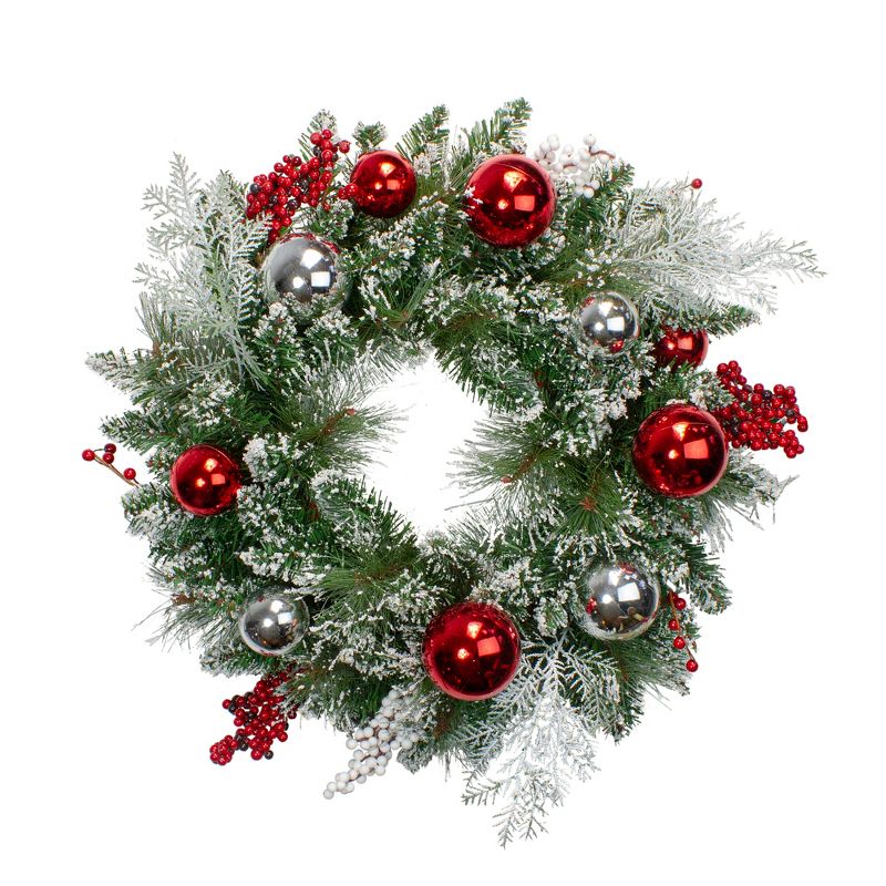Northlight Flocked Mixed Pine with Ornaments and Berries Artificial Christmas Wreath, 24-Inch, Unlit, 1 of 4