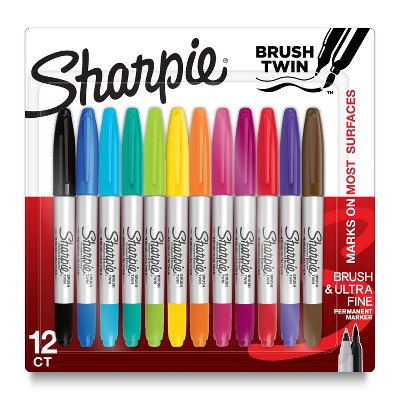 Sharpie 12pk Permanent Markers Brush and Ultra Fine Twin Assorted Colors: Sharpie Brush Tip & Twin Tip, Colored Markers