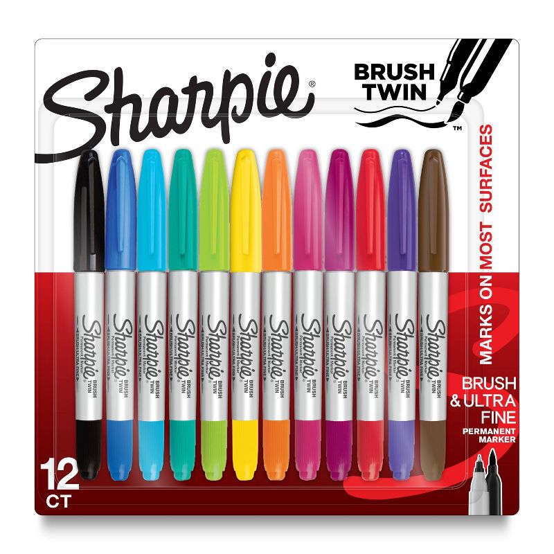 Sharpie 12pk Permanent Markers Brush and Ultra Fine Twin Assorted Colors, 1 of 7