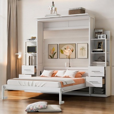 Mshliw Modern Queen Wall Bed with Storage Drawers and Shelving, Folding Murphy Bed Cabinet with LED Lighting, Space Saving Design for Small Rooms