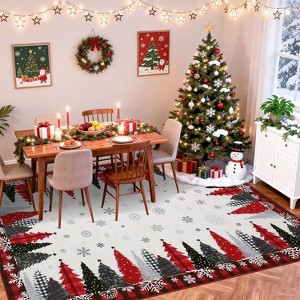 Christmas Area Rugs, Washable Buffalo Plaid Xmas Tree Merry Christmas Area Rug, Non-Slip Soft Thin Throw Carpet Non-Shedding for Living Room - 1 of 4