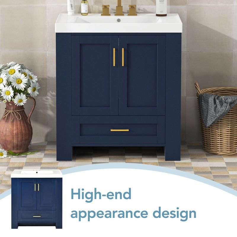30" Bathroom Vanity with Single Sink, Drawer and Double Sided Storage Shelf, Navy Blue - ModernLuxe, 4 of 13