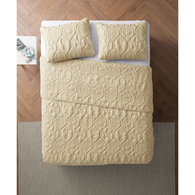 Tan Microfiber Coastal Full Quilt Set with Embossed Sea Life Pattern