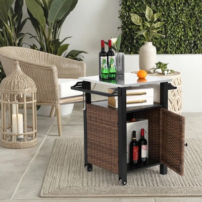 Outdoor Wicker Woven Island Rolling Cart,Single Door Bar Cart With Stainless Steel Tabletop,Patio Kitchen Storage Cabinet-Coolbibila