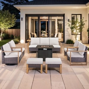 Buenhomino Patio Furniture Set with Fire Pit Table, 30'' 50,000 BTU Flame Comfortable 8 Pieces Wicker Rattan Outdoor Furniture Set w/Soft Cushion - 1 of 4