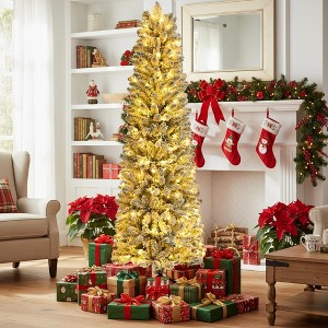 KRISRATE 6FT Prelit Snow Flocked Pencil Slim Christmas Tree, 500 PVC Branch Tips, 250 Warm White Lights,Metal Stand and Hinged Branches,8 Flash Modes - 1 of 4