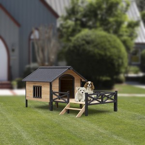 Whisen All-Weather Large Dog House & Dog Kennel with Asphalt Roof, Porch, Waterproof Door Curtain, Dual Openings - Natural - 1 of 4