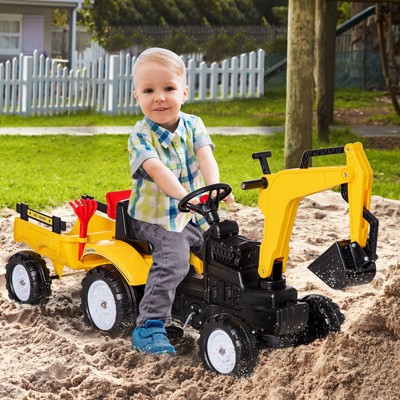 Yellow Pedal Ride-On Excavator with Detachable Trailer