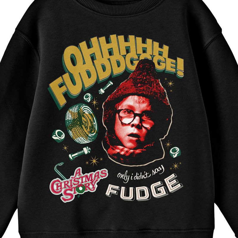 A Christmas Story Oh Fudge Crew Neck Long Sleeve Black Youth Sweatshirt, 2 of 3