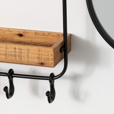 Black Metal and Natural Wood Wall Shelf with Round Mirror