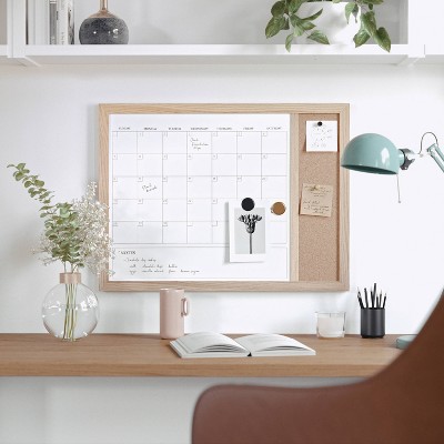 Martha Stewart Magnetic Dry Erase Monthly Calendar & Cork Board Combo Woodgrain Frame Natural Wood: Office Desk Organizer