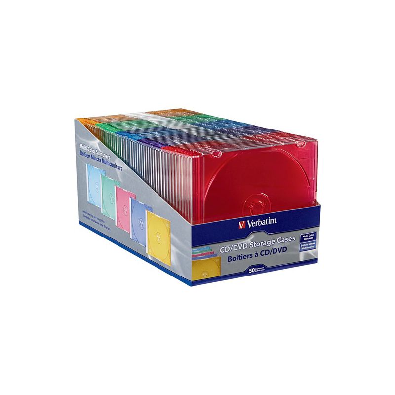 Verbatim CD/DVD Color Slim Jewel Cases, Assorted - 50pk - Jewel Case - Book Fold - Plastic - Blue, Green, Yellow, Purple, Pink - 1 CD/DVD""", 1 of 5