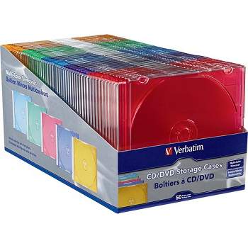 Verbatim CD/DVD Color Slim Jewel Cases, Assorted - 50pk - Jewel Case - Book Fold - Plastic - Blue, Green, Yellow, Purple, Pink - 1 CD/DVD"""