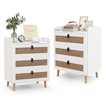 Tangkula 2PCS Modern Nightstand End Bedside Table w/ 3 Rattan Drawers & Solid Wood Legs White