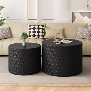 Nesting Coffee Table Set of 2 with Honeycomb Design, Modern Round Drum Tables for Living Room and Bedroom - 1 of 4