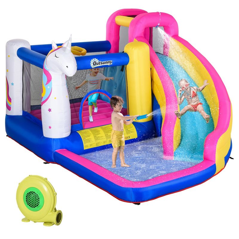 Outsunny 5 in 1 Inflatable Water Slide, Water Park Castle Bounce House Trampoline with Pool, Climbing Wall for Kids Age 3-8 with Air Blower, 1 of 9
