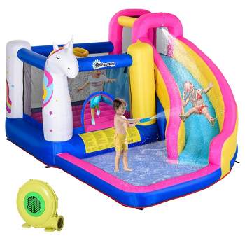 Outsunny 5 in 1 Inflatable Water Slide, Water Park Castle Bounce House Trampoline with Pool, Climbing Wall for Kids Age 3-8 with Air Blower