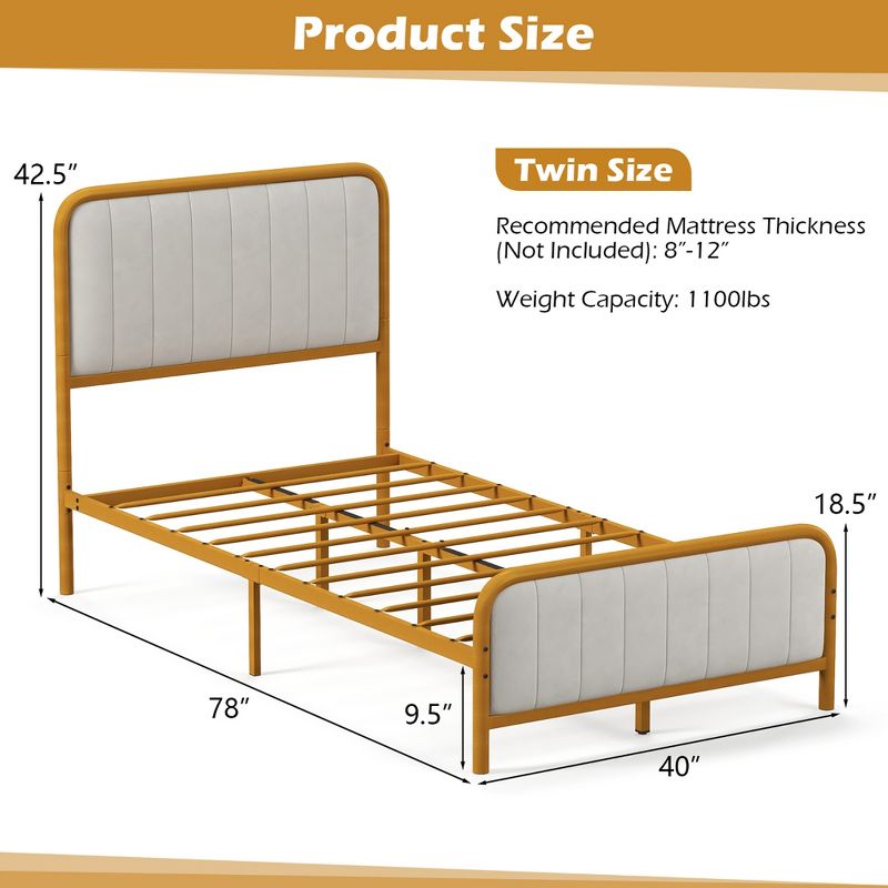 Costway Full Gold Metal Bed Frame Upholstered Platform Bed with Velvet Headboard, 3 of 11
