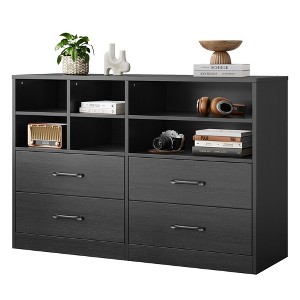 homfan Bedroom Dresser with 4 Drawers & 6 Open Shelves, Modern Black Wooden Dresser, Drawer TV Stand Entryway Cabinet for Living Room, Apartments - 1 of 4