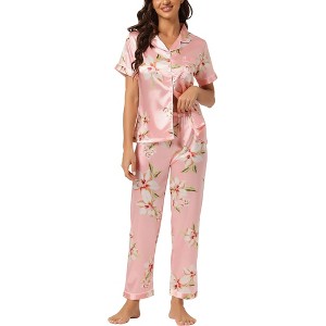 cheibear Women's Printed Short Sleeve Button Down Sleepwear with Pants Pajama Set - 1 of 4