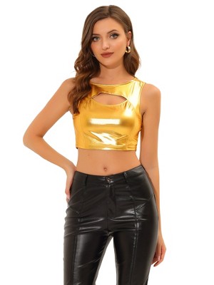 Allegra K Women's Shiny Metallic Crop Cami Hollow Out Backless Disco  Holographic Halter Camisoles Gold Xs : Target