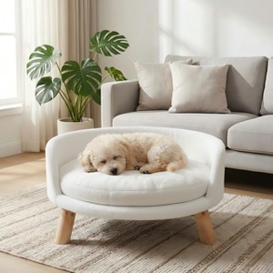 Elevated Dog Bed, Round Wood Frame Pet Bed for Small Dogs & Cats Indoor ...