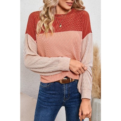I AM A FASHION JUNKY Khaki Color Block Ribbed Loose Long Sleeve Top