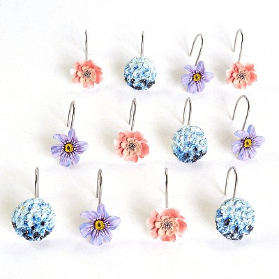 Lakeside Floral Shower Curtain Hooks with Vintage, Distressed Look - Multicolor Set of 12