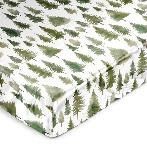 Sweet Jojo Designs Gender Neutral Unisex Satin Fitted Crib Sheet Woodland Pine Tree Green and White - 1 of 4