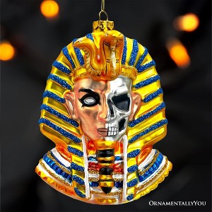 Evil Egyptian Pharoah Half Skull Head Glass Ornament, Gothic Halloween Tree Decor| OrnamentallyYou - 1 of 4