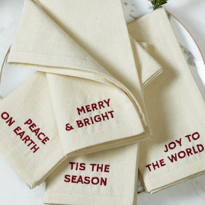 Ivory Embroidered Holiday Sentiment Cotton Napkins, Set of 4