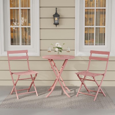 Jojoka 3-Piece Patio Bistro Set with Round Table & 2 Folding Chairs, Powder-Coated Iron Frame, Space-Saving and Portable, Pink