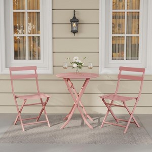 Jojoka 3-Piece Patio Bistro Set with Round Table & 2 Folding Chairs, Powder-Coated Iron Frame, Space-Saving and Portable, Pink - 1 of 4
